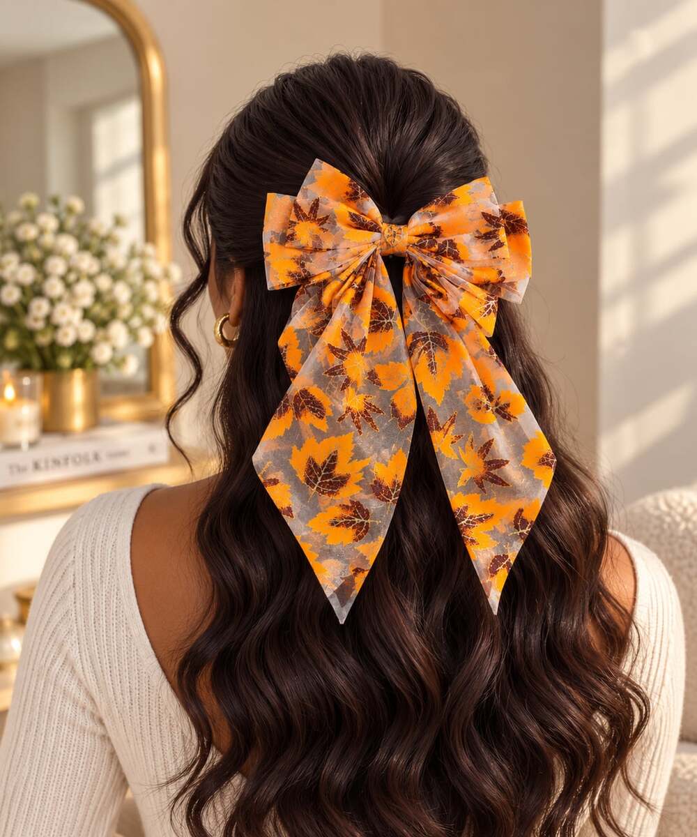 Fall Statement Hair Bow Gold Leaf Sheer Organza Large Autumn Bow